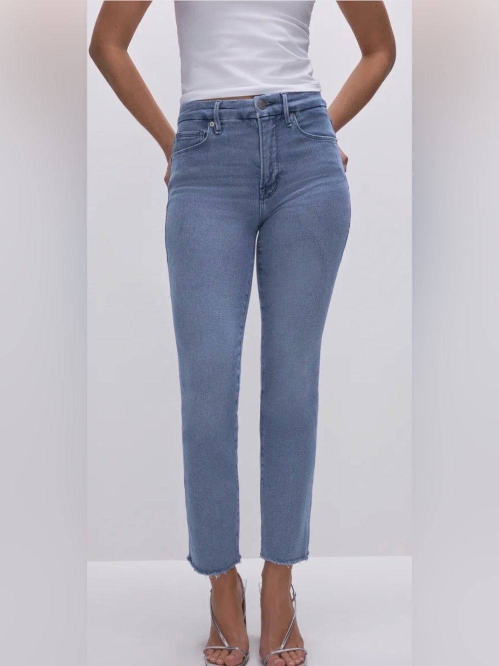 Good American 
High-Rise Slim Straight Jeans in Light Blue